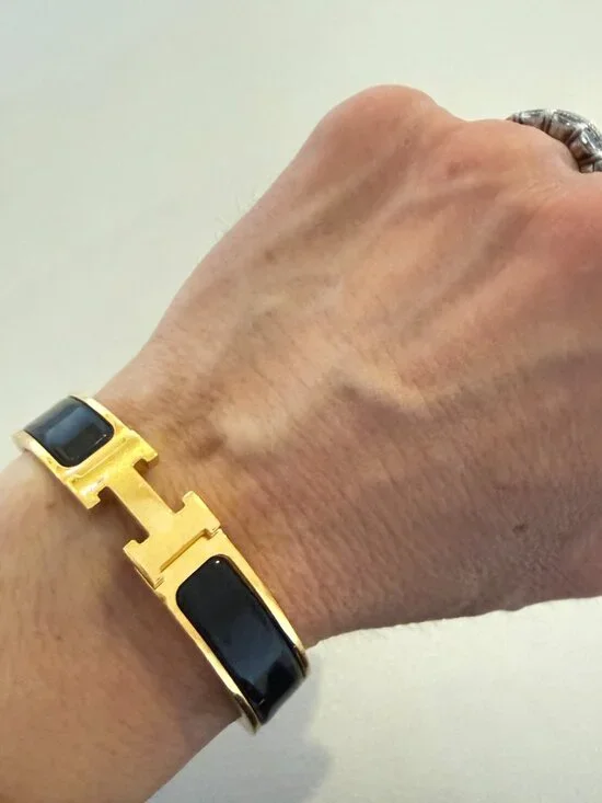 AUTHENTIC HERMES CLIC H BRACELET GOLD PLATED BLACK ENAMEL NARROW BANGLE PM - Picture 8 of 9